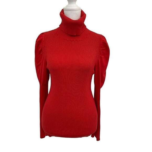 Anthropologie Puff Sleeve Ribbed Turtleneck Sweater Red Orange size Medium - Picture 1 of 9
